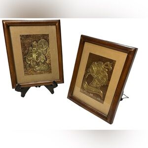 2 Vintage Relief Copper Art Tiles Muses Merriment Lute God Wine Carafe Mythology